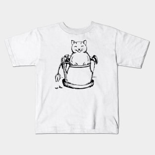 Satisfied cat in a flower pot Kids T-Shirt